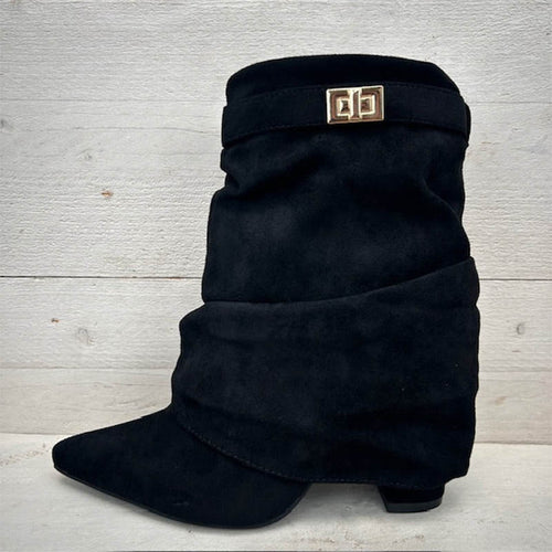 2026 Foreign Trade Cross-Border Women's Shoes Pointed Toe Straight Pleated Metal Buckle Short Boots Large Size Thick Heel Trouser Boots Women's Boots eprolo