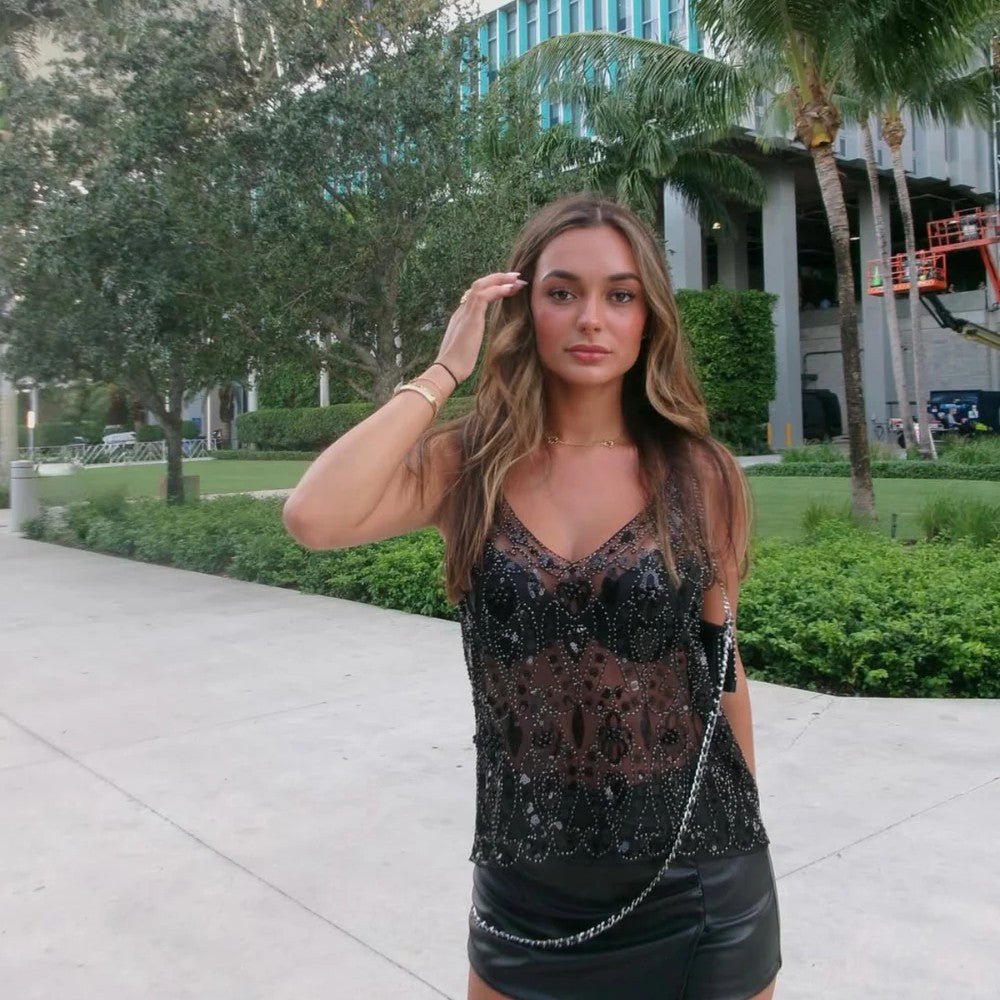 Sequin Bead Embellished Cami Top - BLACK eprolo