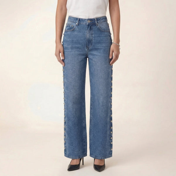 Side bead rivet decoration jeans for women eprolo