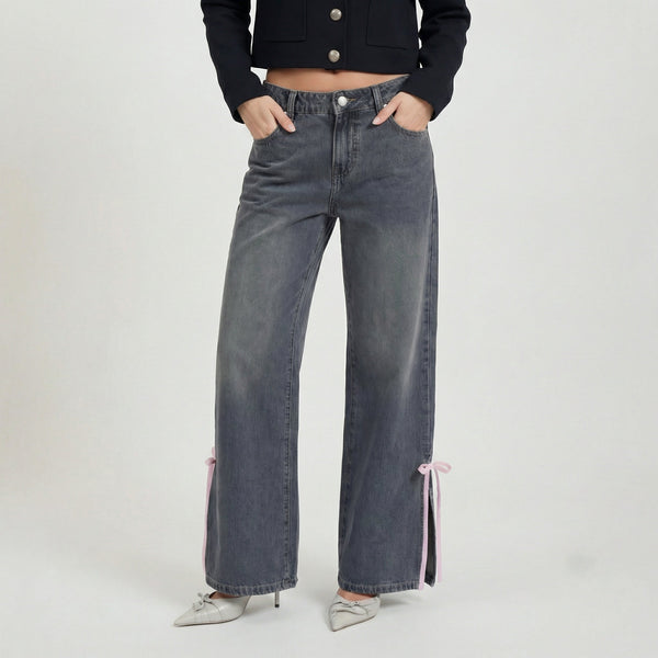 Low waist wide leg slit pink bow jeans for women eprolo