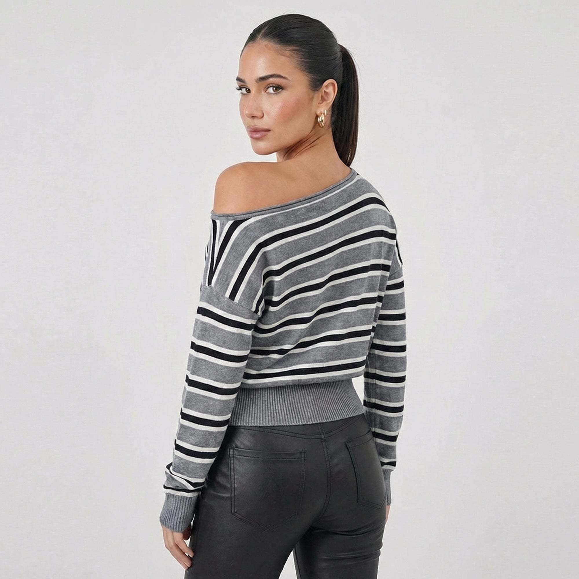 American Retro Color-Block Striped Long-Sleeve Sweater Cross-Border New Casual Comfortable Lazy Style Warm Off-Shoulder Top eprolo
