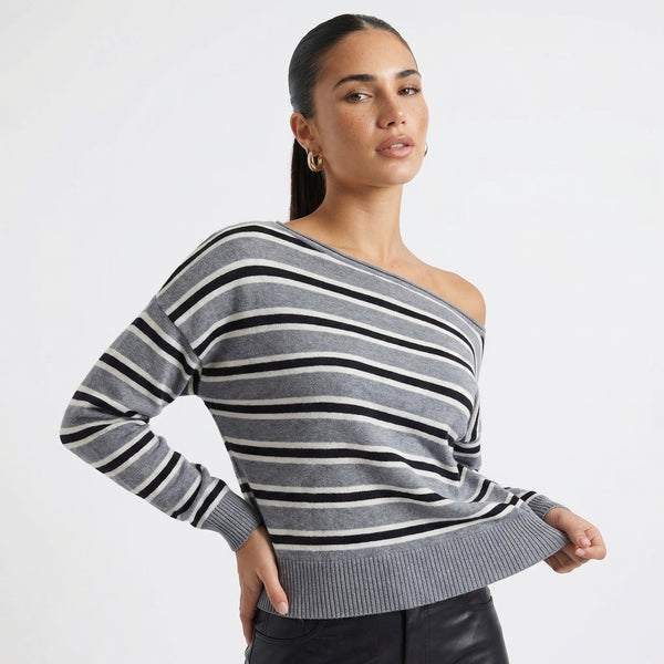 American Retro Color-Block Striped Long-Sleeve Sweater Cross-Border New Casual Comfortable Lazy Style Warm Off-Shoulder Top eprolo
