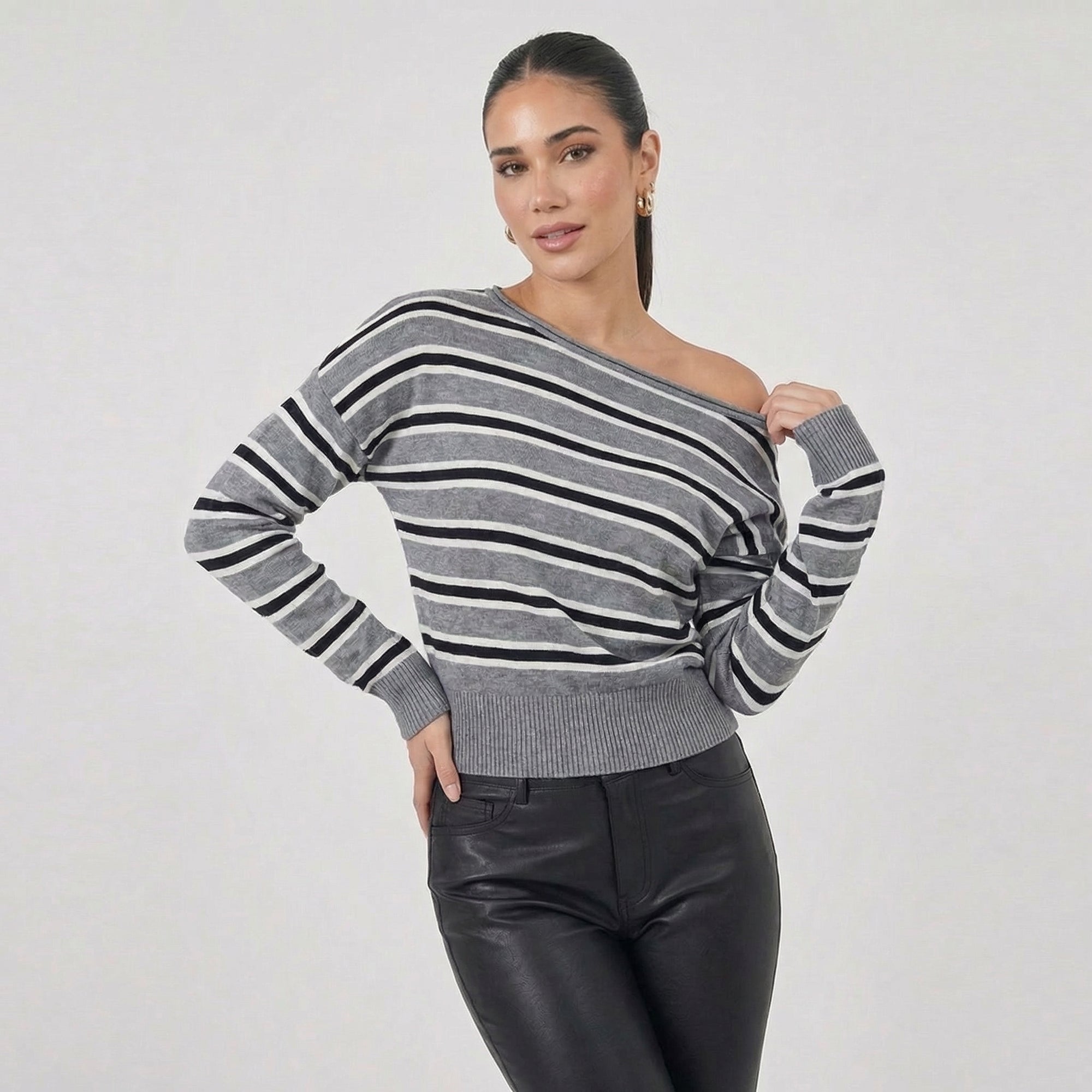 American Retro Color-Block Striped Long-Sleeve Sweater Cross-Border New Casual Comfortable Lazy Style Warm Off-Shoulder Top eprolo