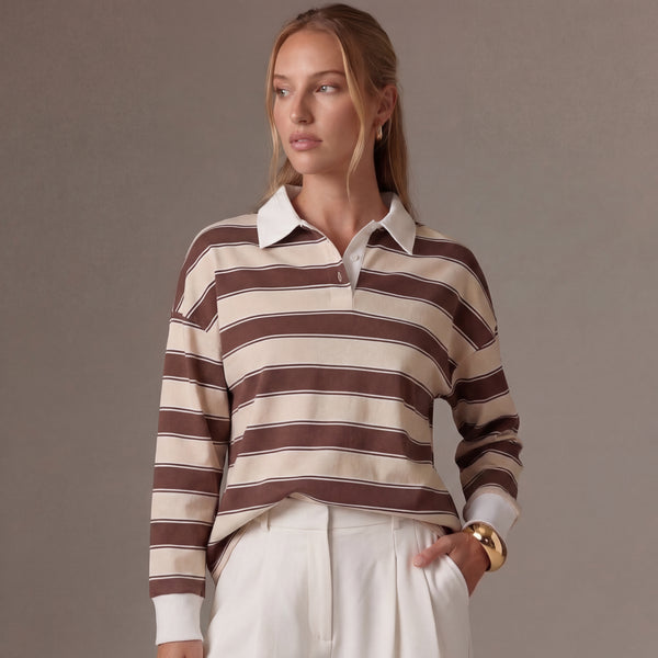 Striped Button Detail Long Sleeve Polo Trendsi