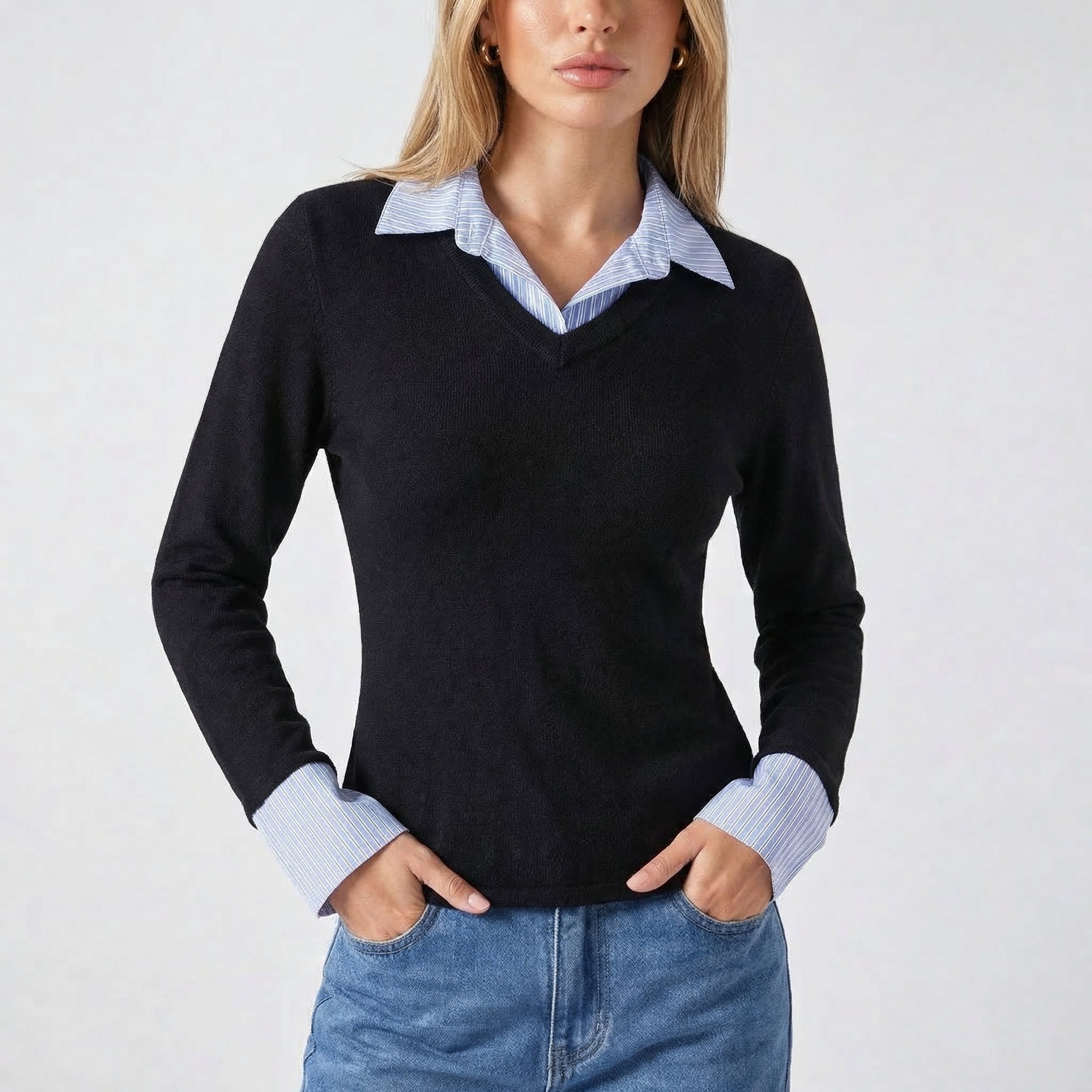 New Autumn Stitching Top V-Neck Long-Sleeved Knitted Shirt All-Match eprolo