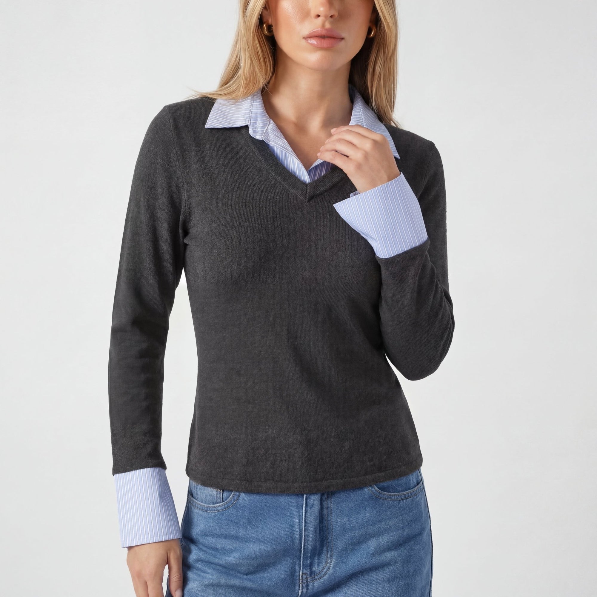 New Autumn Stitching Top V-Neck Long-Sleeved Knitted Shirt All-Match eprolo