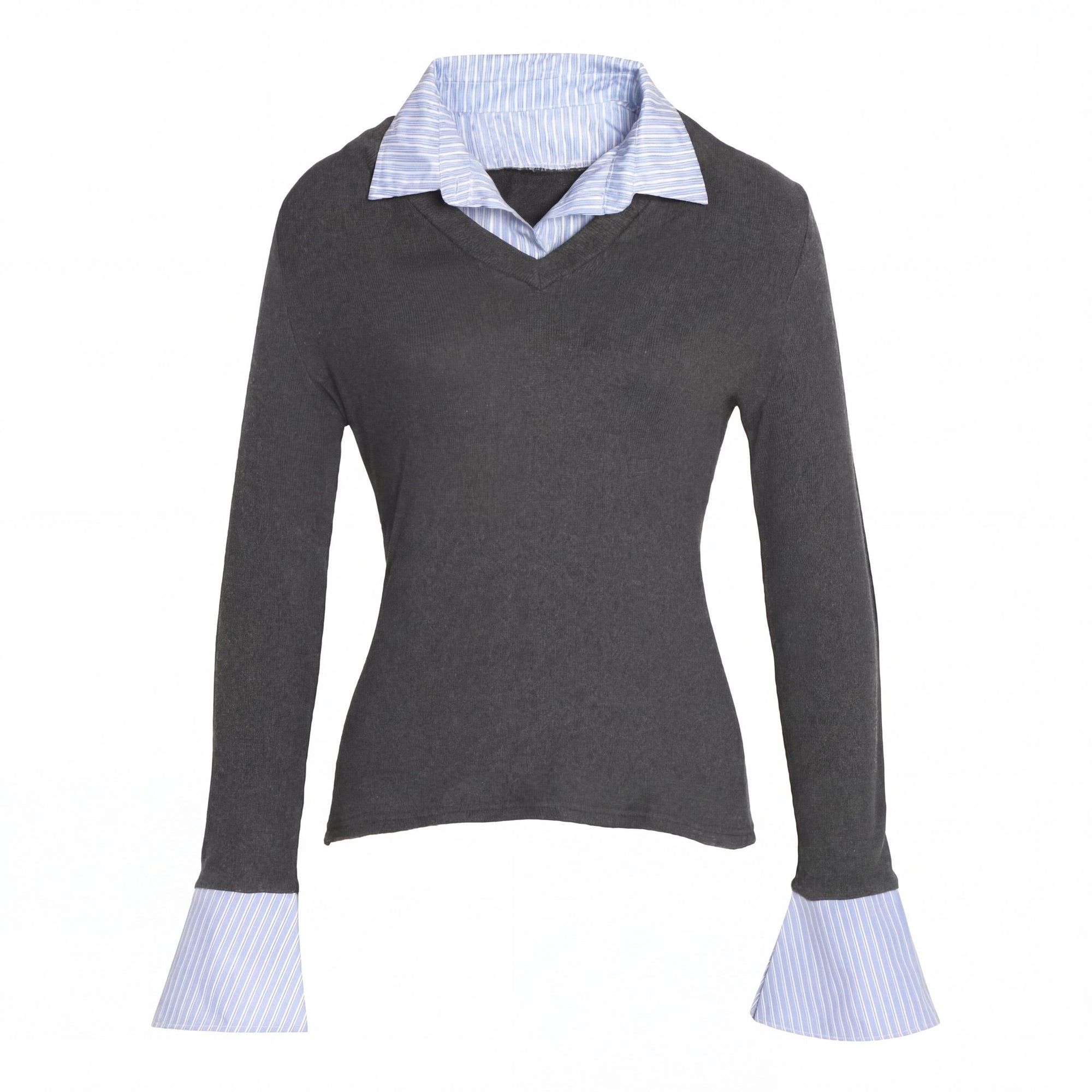 New Autumn Stitching Top V-Neck Long-Sleeved Knitted Shirt All-Match eprolo