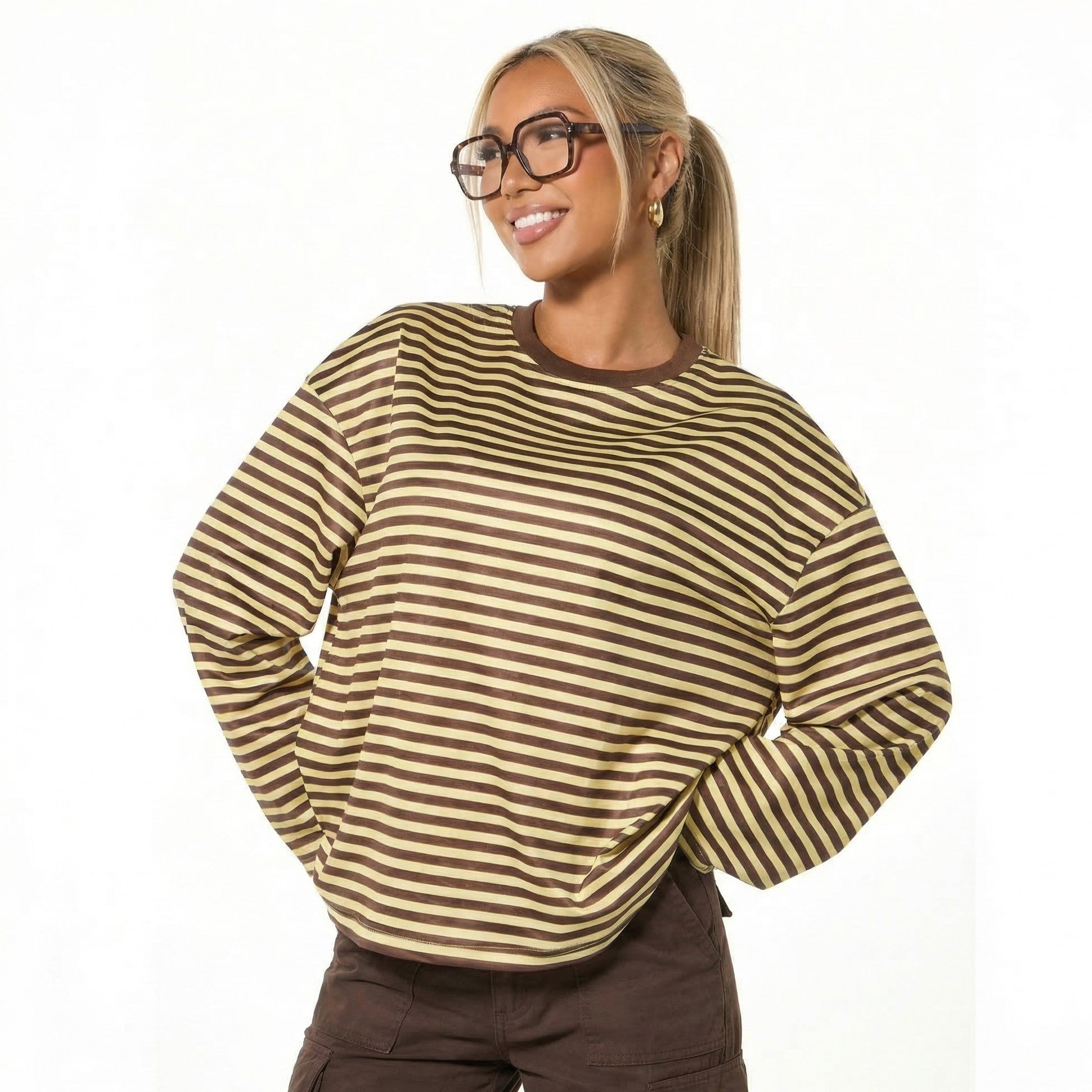 European and American Cross-Border 2025 New Hot-Selling Long-Sleeved Stripesd T-Shirt Export Fashion Casual Contrasting Color Round Neck Top Loose eprolo
