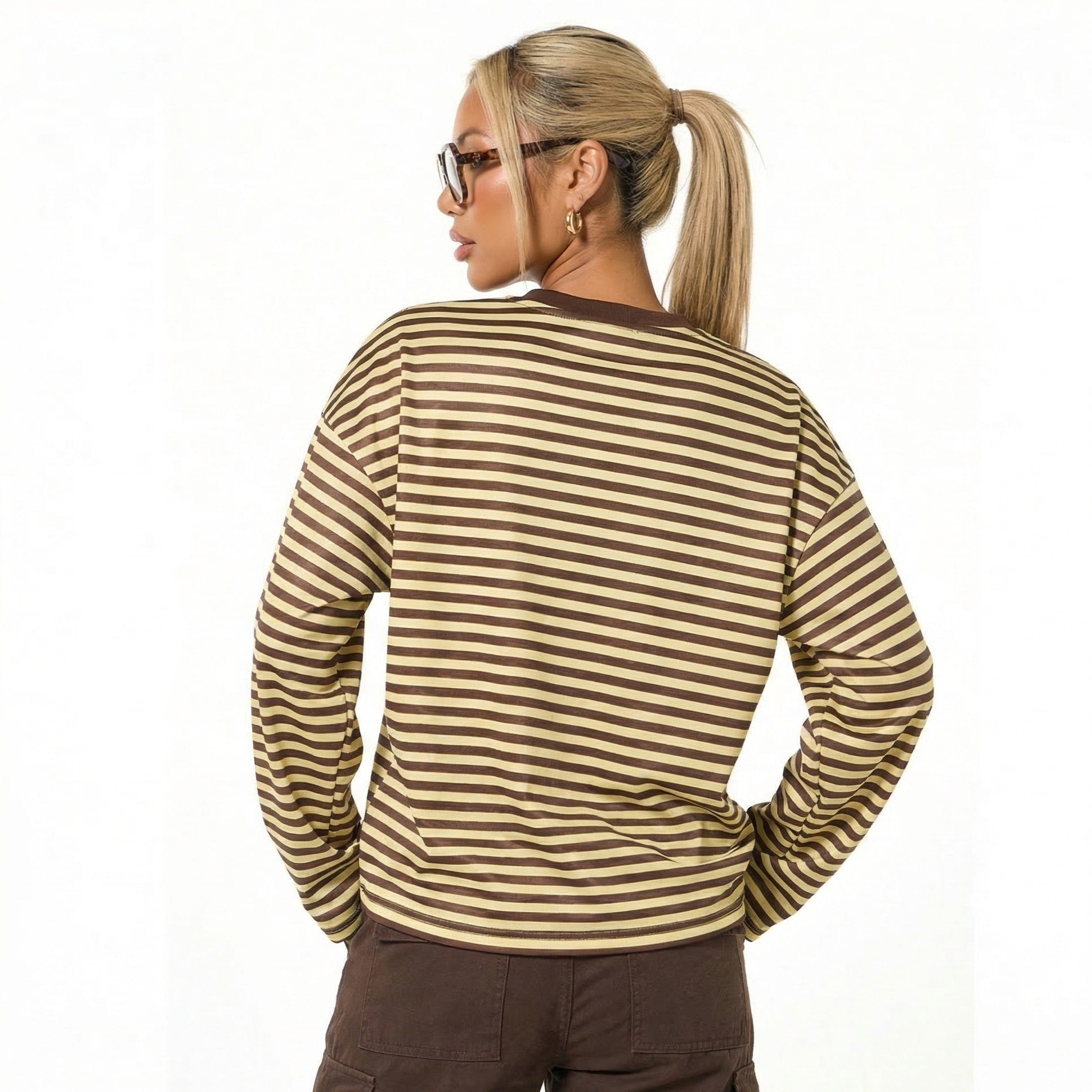 European and American Cross-Border 2025 New Hot-Selling Long-Sleeved Stripesd T-Shirt Export Fashion Casual Contrasting Color Round Neck Top Loose eprolo