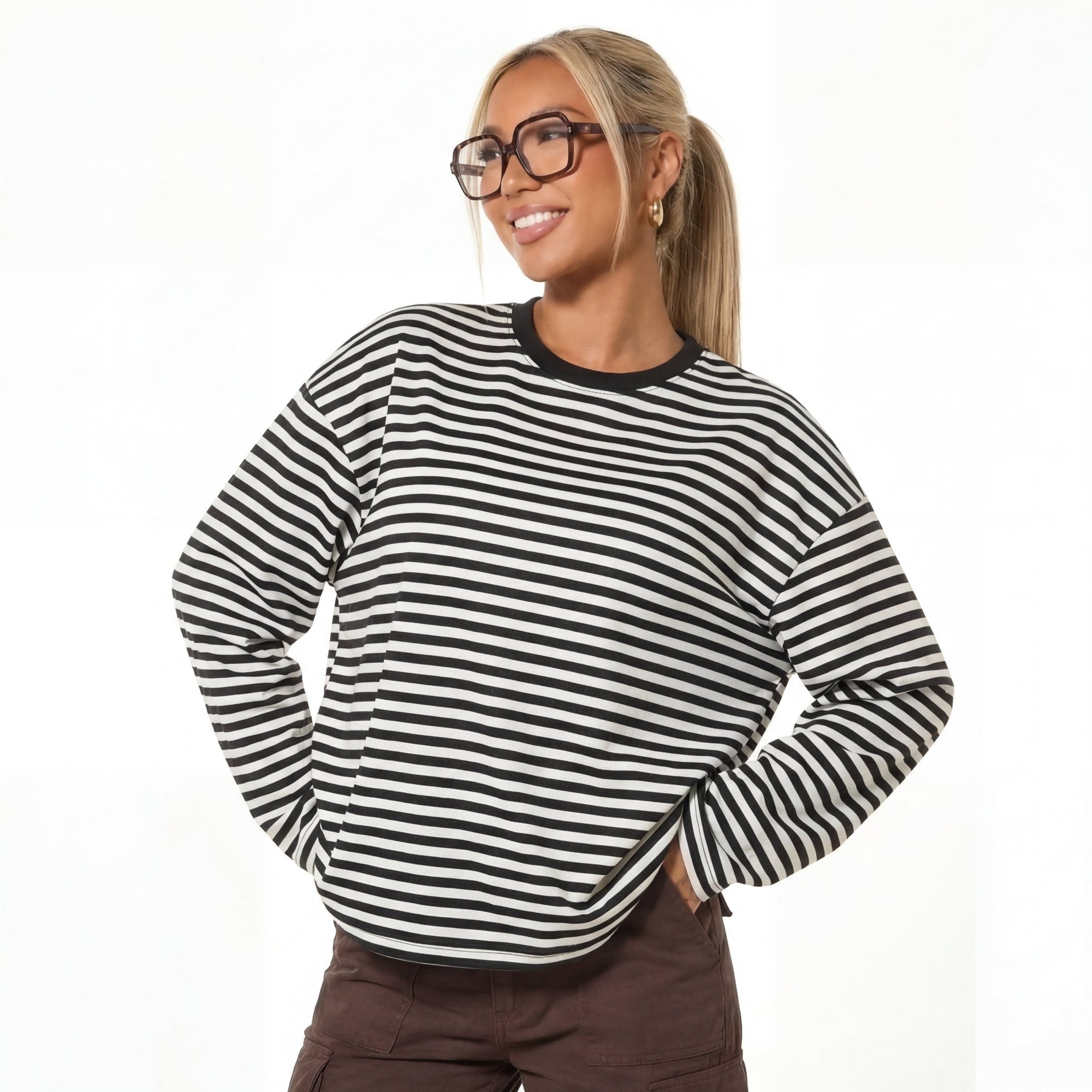 European and American Cross-Border 2025 New Hot-Selling Long-Sleeved Stripesd T-Shirt Export Fashion Casual Contrasting Color Round Neck Top Loose eprolo