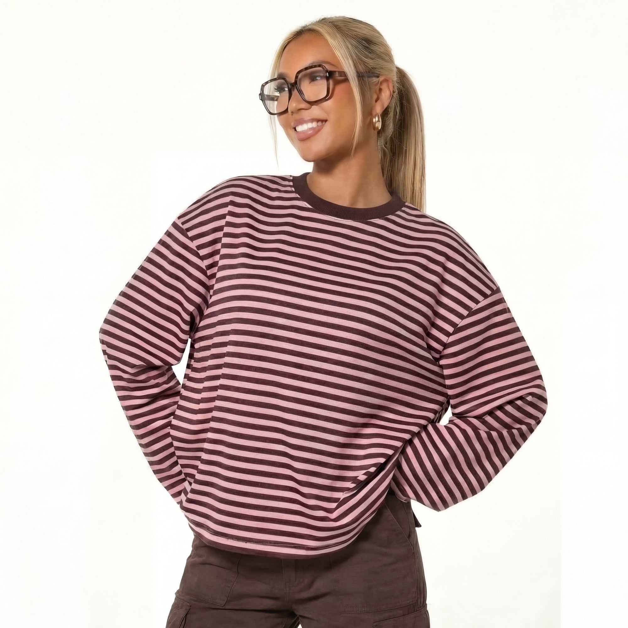 European and American Cross-Border 2025 New Hot-Selling Long-Sleeved Stripesd T-Shirt Export Fashion Casual Contrasting Color Round Neck Top Loose eprolo