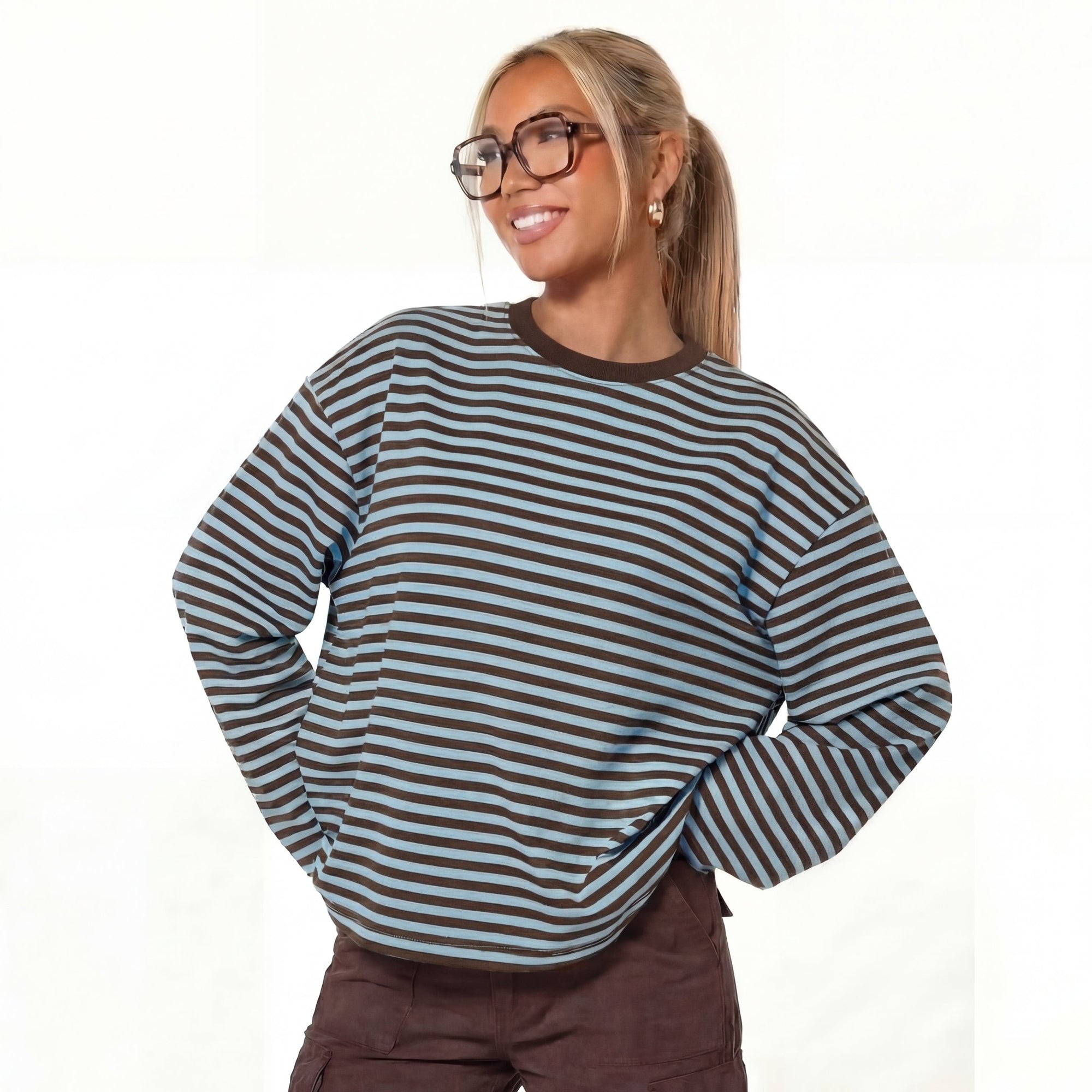 European and American Cross-Border 2025 New Hot-Selling Long-Sleeved Stripesd T-Shirt Export Fashion Casual Contrasting Color Round Neck Top Loose eprolo