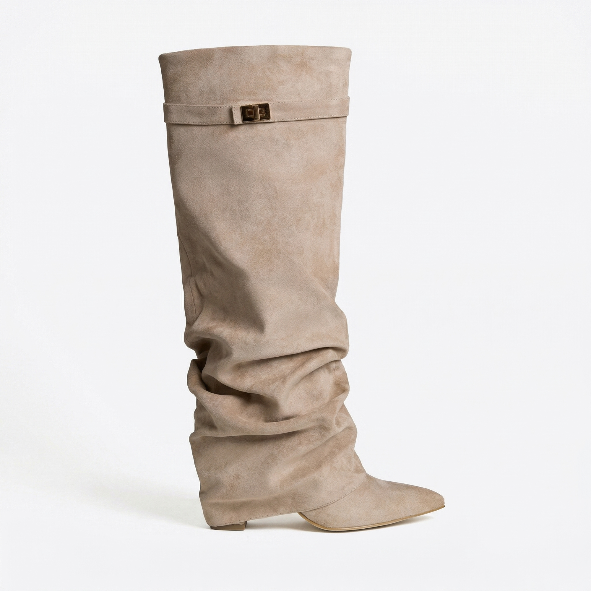 2025 Export Women's Shoes Pointed Toe Straight Pleated Metal Buckle Mid-Length Boots Large Size Thick Heel Trouser Boots Women's Boots eprolo