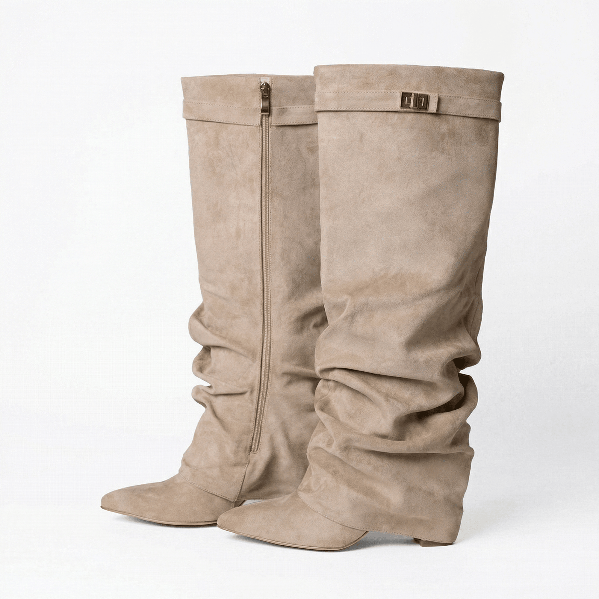 2025 Export Women's Shoes Pointed Toe Straight Pleated Metal Buckle Mid-Length Boots Large Size Thick Heel Trouser Boots Women's Boots eprolo